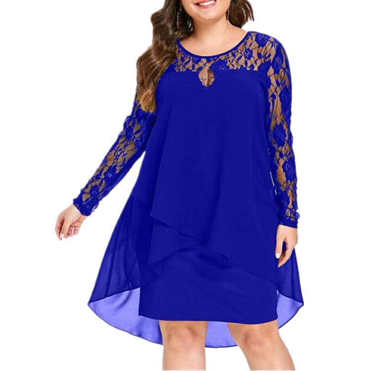 S-5XL Moda dantelă dantelă cu mânecă lungă rochie cu gât rotund