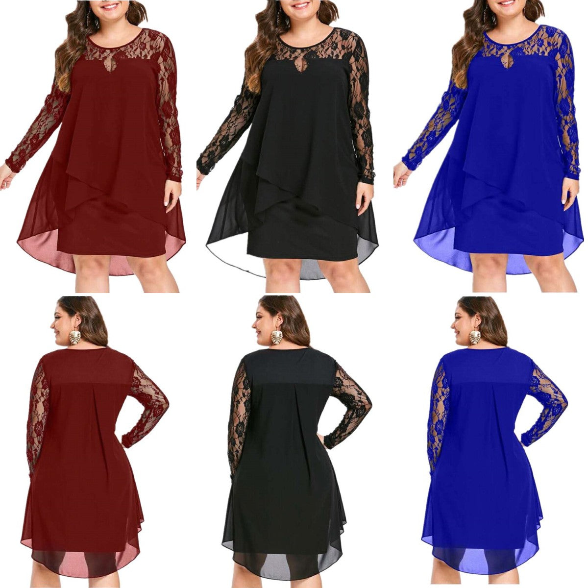 S-5XL Moda dantelă dantelă cu mânecă lungă rochie cu gât rotund