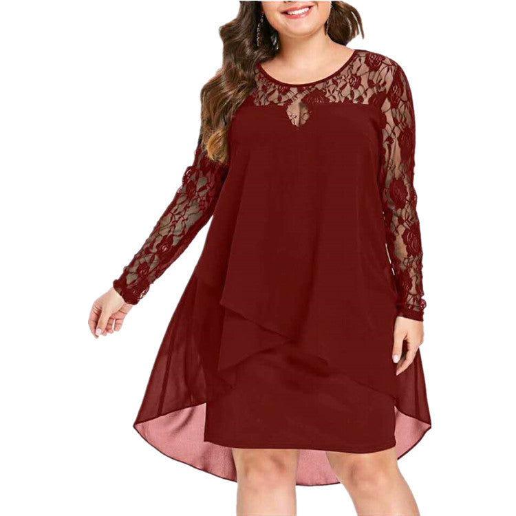 S-5XL Moda dantelă dantelă cu mânecă lungă rochie cu gât rotund